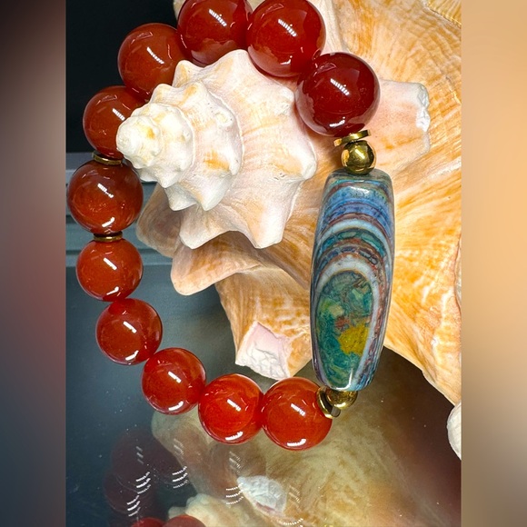 CARNELIAN + OCEAN JASPER NATURAL STONES BRACELET size 7 - Picture 3 of 12